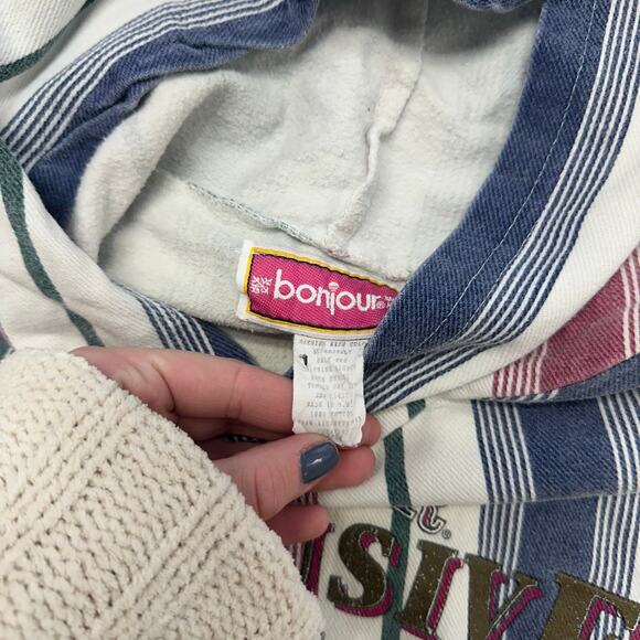 Vintage Bonjour Multicolor Women L Striped Spellout Logo Hoodie Pullover Classic - Picture 4 of 7